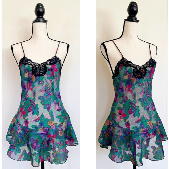 Vintage 80s Victoria’s Secret Jewel Tone Floral Mini Slip Dress - Picture 2 of 10